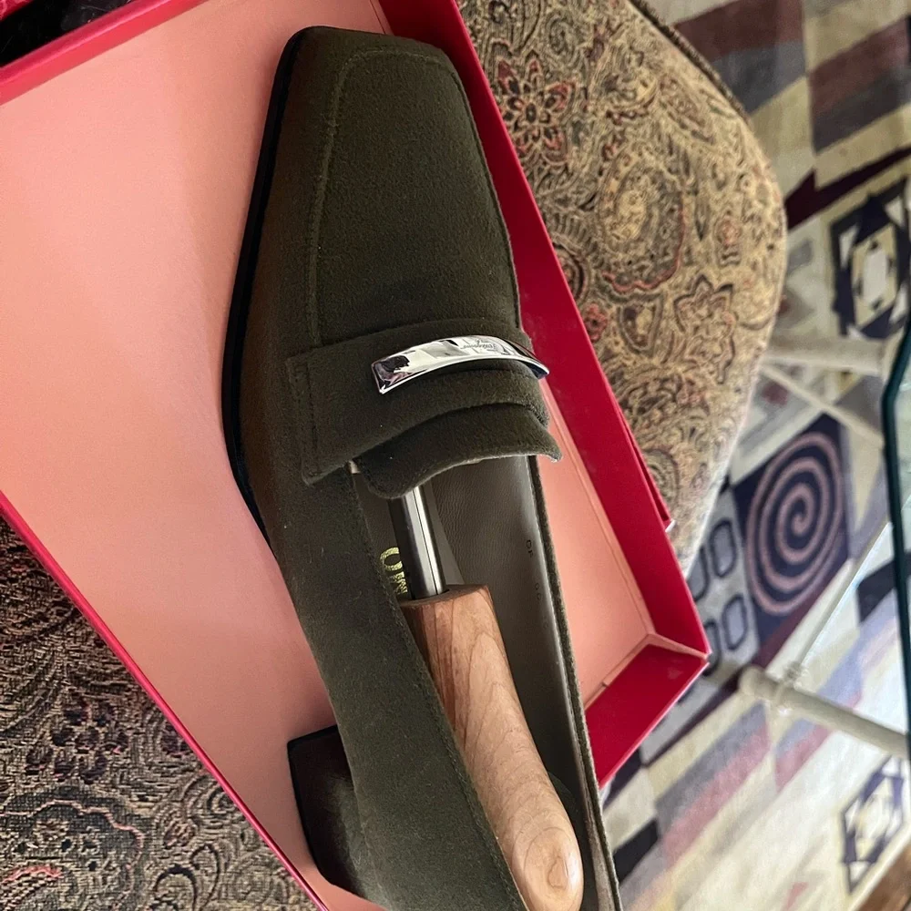 Salvatore Ferragamo Olive Suede Loafers with Silver Accent - Picture 4 of 5